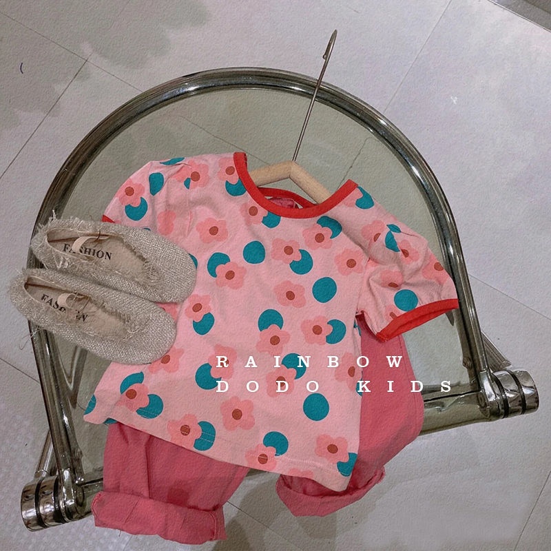 Bộ Áo Thun Cổ Tròn Tay Ngắn Dáng Rộng In Hình Hoa + Quần Short Màu Trơn Phong Cách Hàn Quốc Thời Trang Mùa Hè Hàng Mới Dành Cho Bé Gái 2023