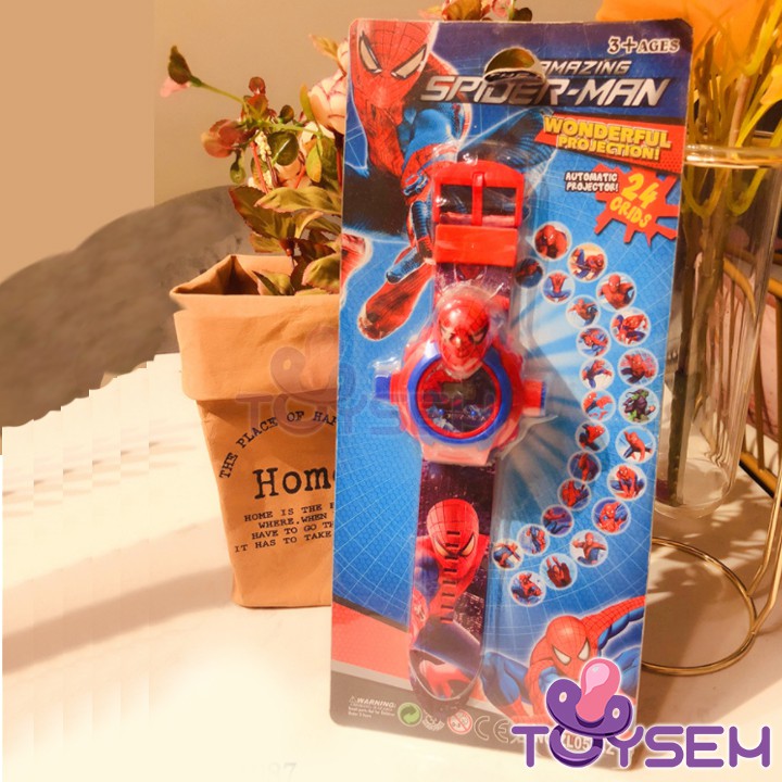 Đồng hồ chiếu lên tường Toysem 24 hình cho trẻ em với nhân vật người nhện, người sắt - Quà tặng sinh nhật cho bé