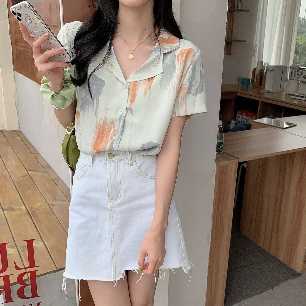 Áo Sơ Mi Tay Ngắn Dáng Ôm In Họa Tiết Độc Đáo Thời Trang Mùa Hè Hàn Quốc Cho Nữ