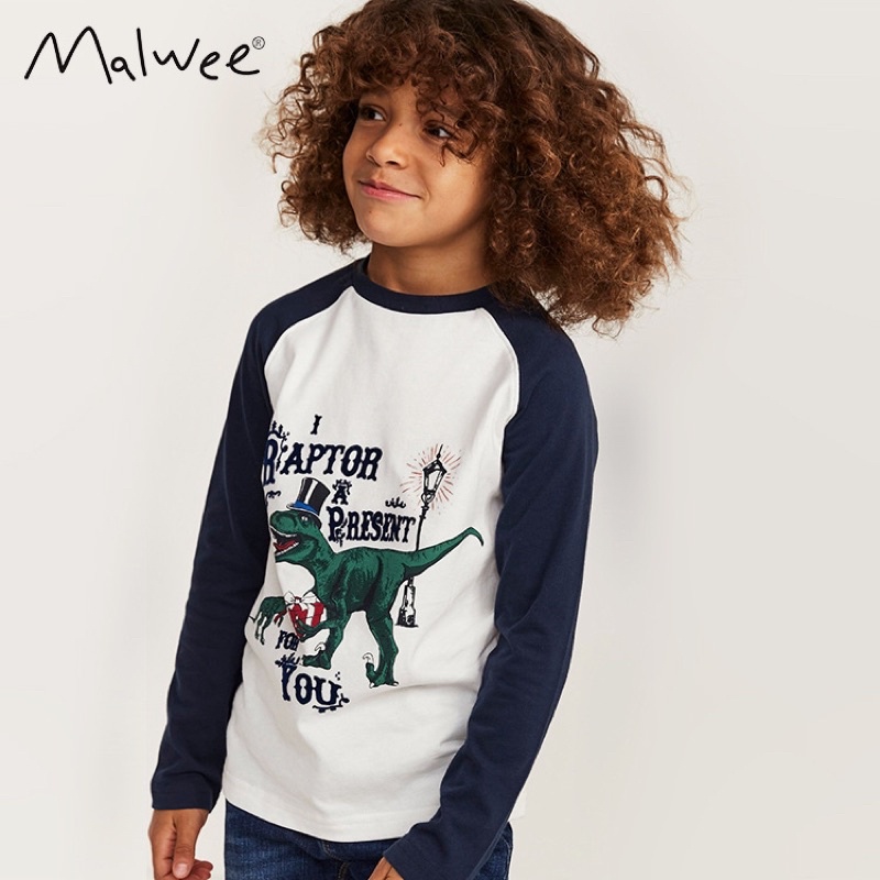 Áo cotton dài tay bé trai Malwee khủng long phối tay xanh than 2-7Y