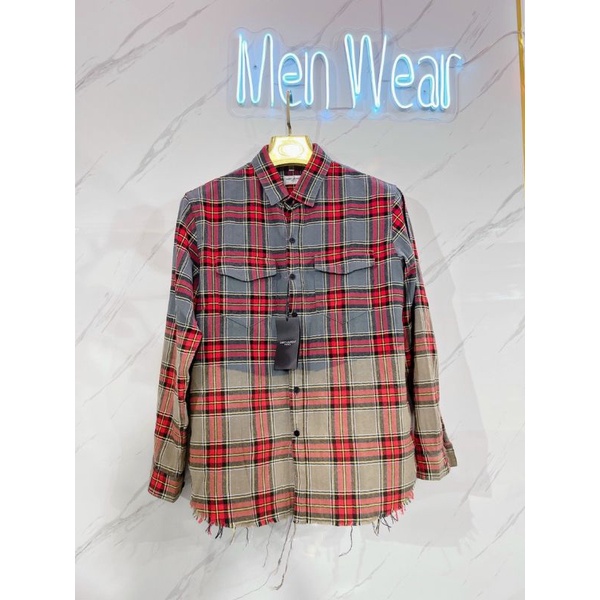 Áo sơ mi nam bbr rách gấu loang màu tay dài kẻ sọc caro chất liệu cotton không phai màu thấm hút mồ hôi