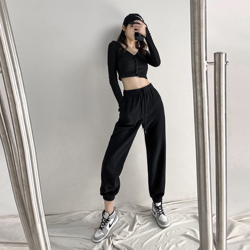 Quần nỉ nữ ống rộng jogger dây rút bo gấu dáng suông dài vải da cá màu xám đen - Quần thể thao nữ ống rộng mặc tập gym