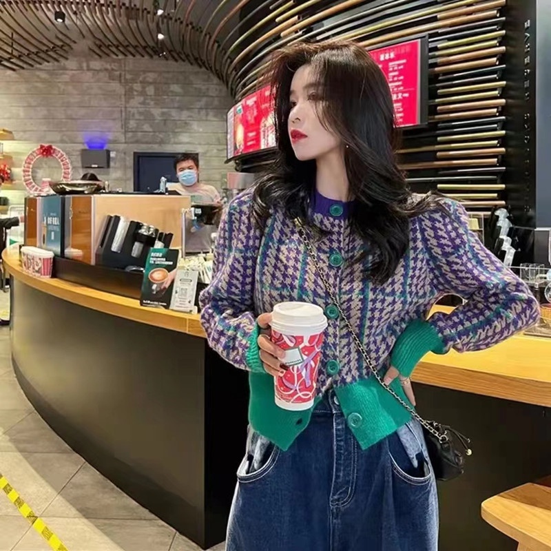 SUXI Áo khoác cardigan dệt kim cổ tròn họa tiết caro thời trang sành điệu cho nữ