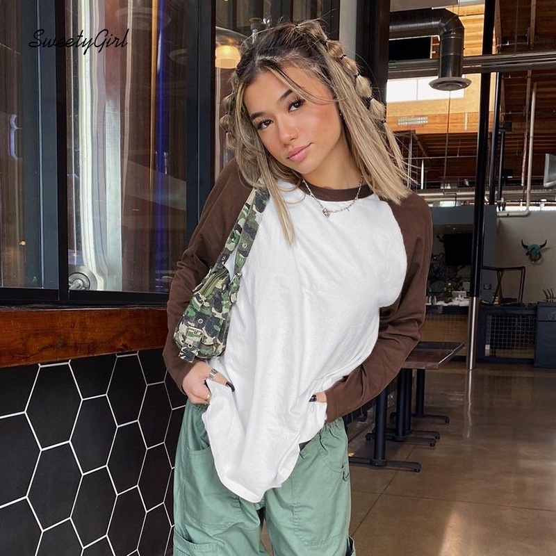 Áo Thun Tay Dài Cổ Tròn Dáng Rộng Màu Sắc Tương Phản Thời Trang Dành Cho Nữ