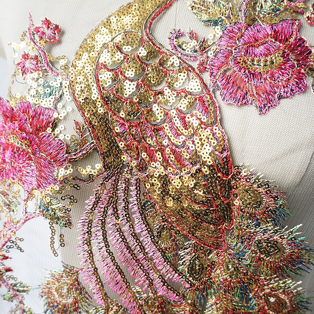 Đen Vải Tuyn Thêu Hình Chim Công Đính Kim Sa Vàng Lấp Lánh Trang Trí Cổ Áo Cưới diy