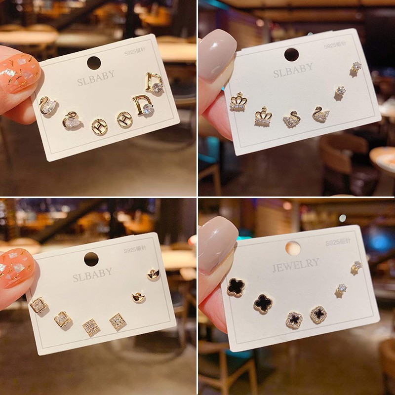 Set 3 đôi khuyên tai bạc 925 đính đá thời trang dành cho nữ