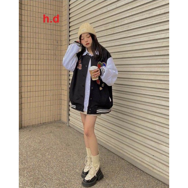 Áo Khoác Bomber FN Tim cúc bấm nam nữJacket Unisex Chất nỉ vs gió Form &lt;60kgÁo Bóng Chày Phong cách Thể thao