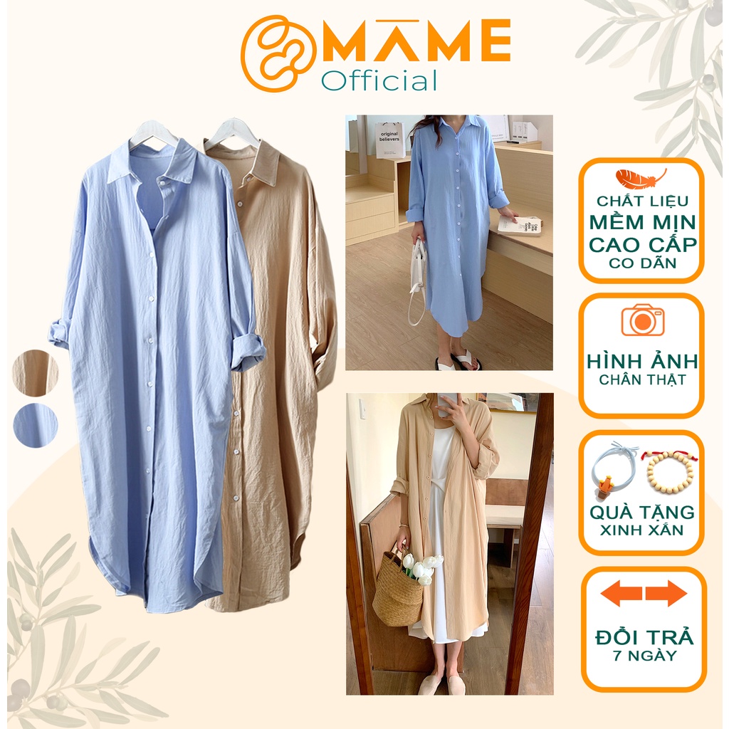 Váy bầu công sở mùa hè, Đầm sơ mi bầu cá tính vải mềm mát màu xanh và nude