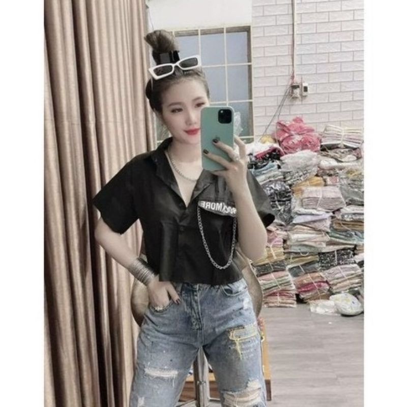 Áo sơ mi croptop phối xích chất vải Kare Free Size 40-50kg dành cho nữ cá tính