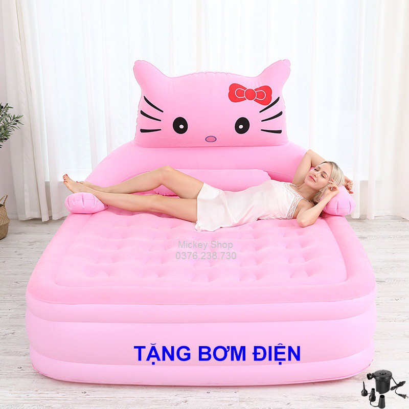 (GIÁ SALE) Giường hơi hình thú mèo kitty màu hồng nệm hơi 3 tầng 2 người  nằm Mẫu giường trẻ em Người lớn đều nằm được