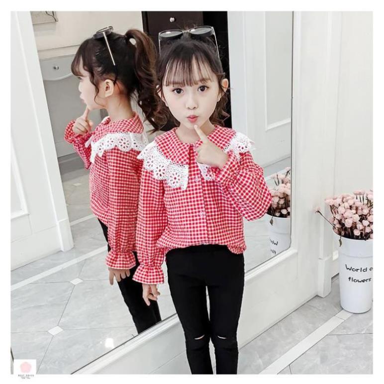 Áo sơ mi bé gái 3 tuổi -12 tuổi☑️ Sơ Mi Dài Tay Kẻ Ô, Cổ Áo Cách Điệu Dành Cho Bé Gái lớn☑️ áo đi học size đại