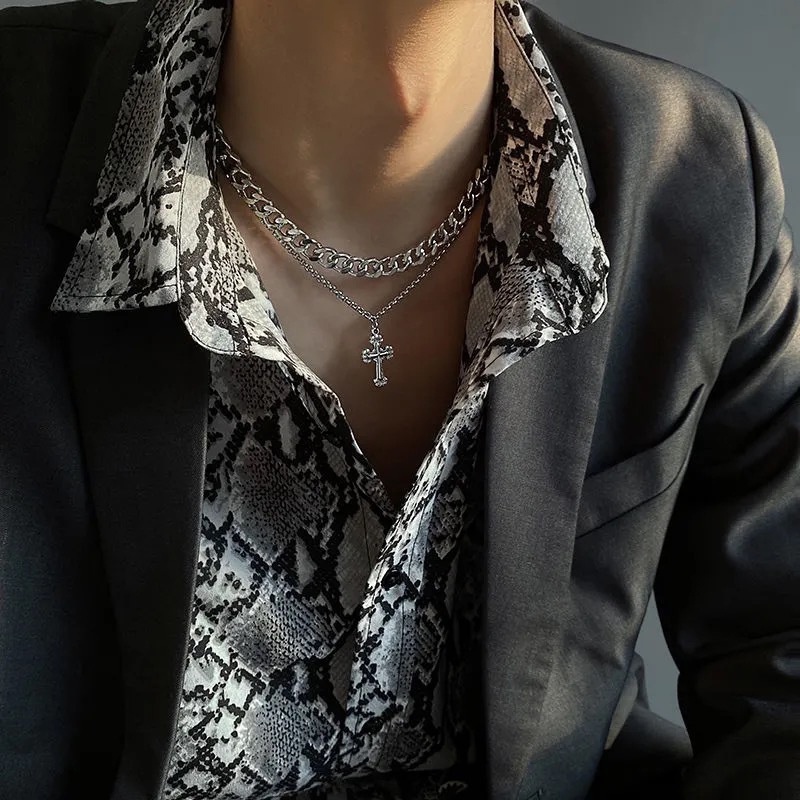 Vòng Cổ Hai Lớp Mặt Chữ Thập Phong Cách hip hop Âu Mỹ Mới Dành Cho Nam Nữ