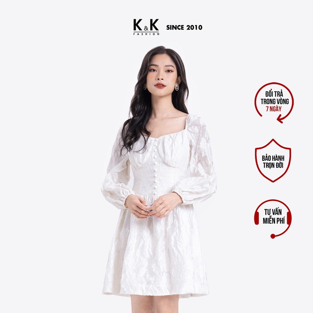 Đầm Xòe Trắng Tay Dài Nhấn Eo Phối Nút K&K Fashion HL20-02 Chất liệu Tơ Nến