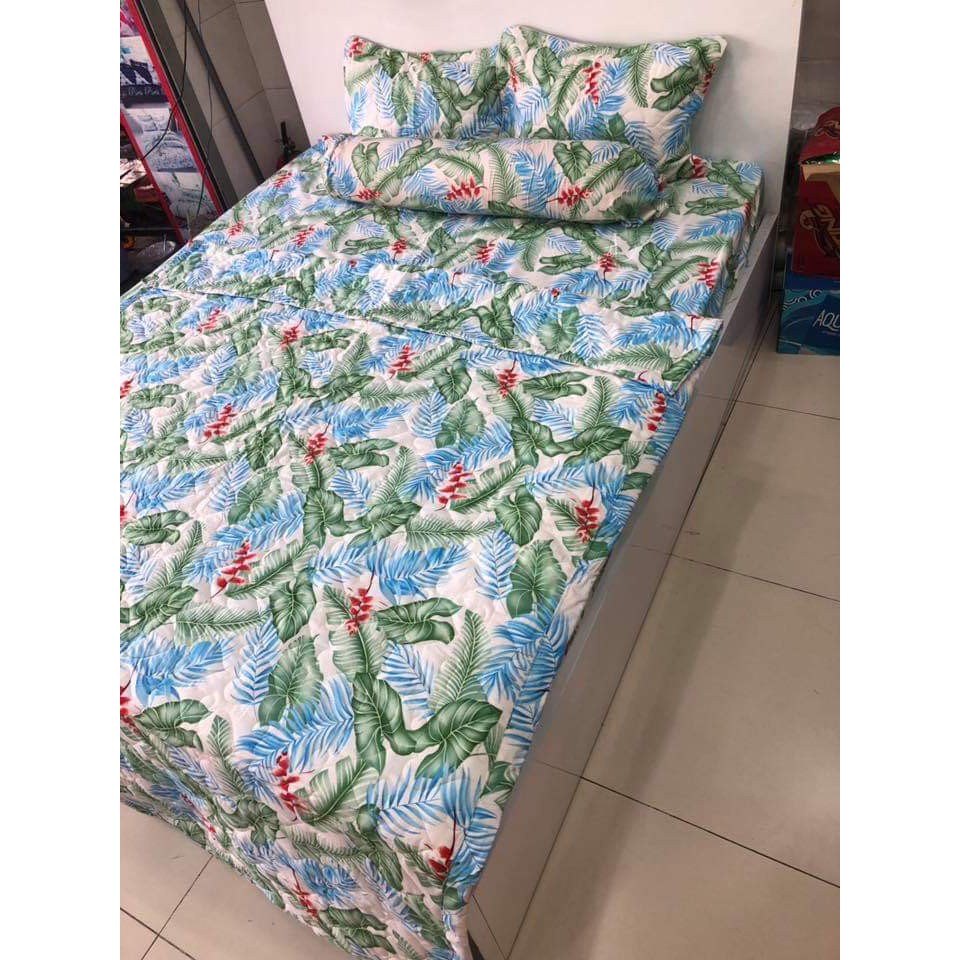 Bộ Ga Gối 3 món poly đệm 1m6 và 1m8-họa tiết lá môn xanh