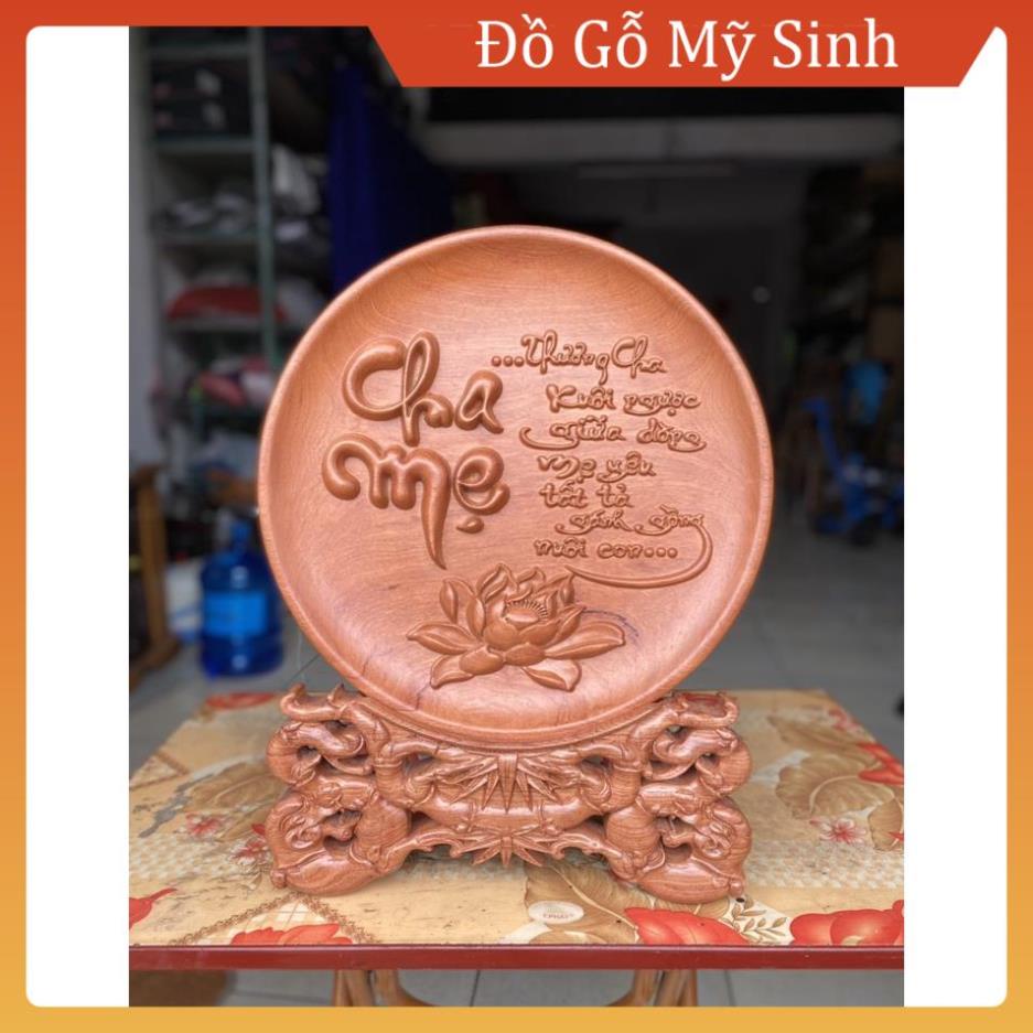 Tranh đĩa gỗ đục phong thuỷ cha mẹ để bàn trang trí phòng khách và tủ, Đồ gỗ mỹ nghệ mini cao cấp