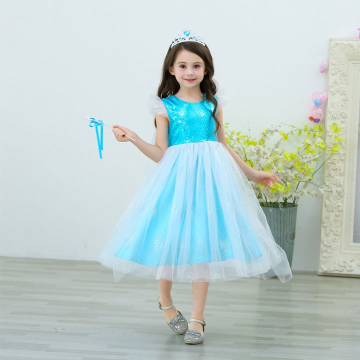 Váy công chúa Elsa màu xanh, kèm tà, mẫu mới nhất siêu lung linh cho bé 3-10 tuổi