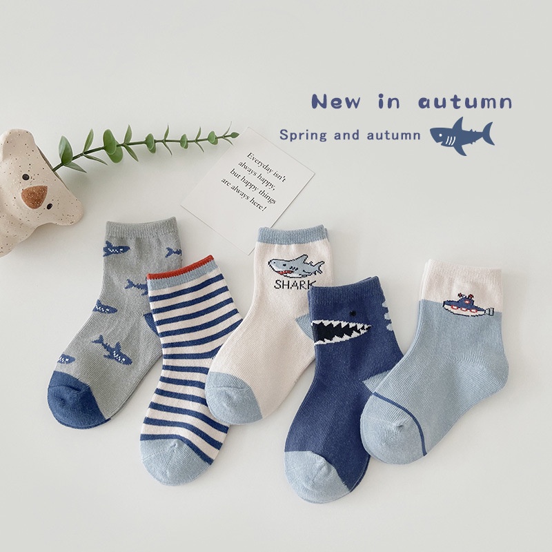 Set 5 Đôi Tất Cotton Cho Bé trai (1-12 Tuổi) Hoạ Tiết Cá Mập Xanh