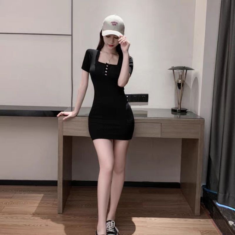 Đầm ôm body cúc bấm tay ngắn sexy thun gân co giãn