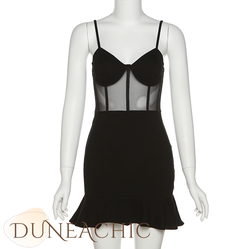 DUNEA Đầm Hai Dây Hở Lưng Phối Lưới Thời Trang Cho Nữ