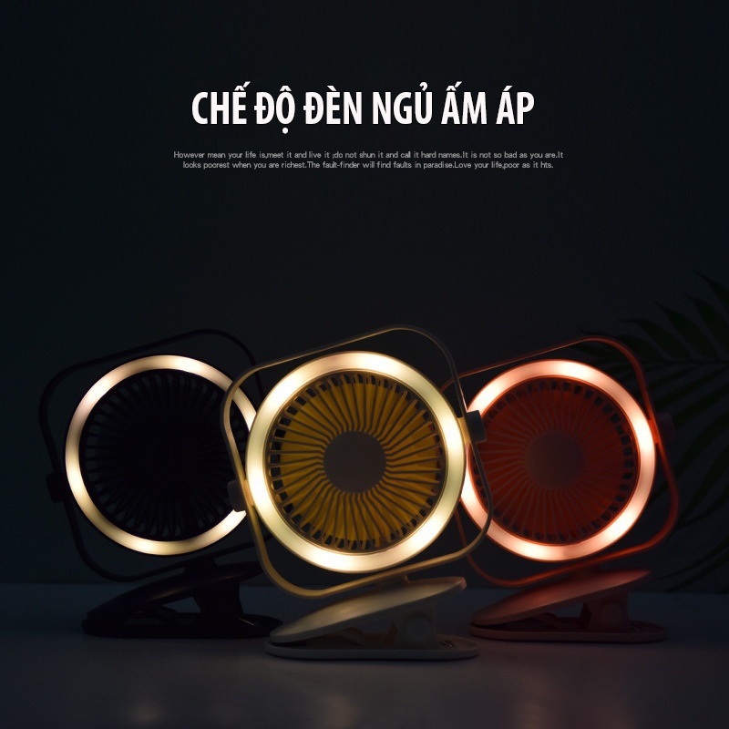 Quạt Mini - Quạt Kẹp Bàn Thích hợp cho dân Văn Phòng, Xoay 360 độ, Kẹp chắc chắn – Siêu Mát - có đèn ngủ thông minh