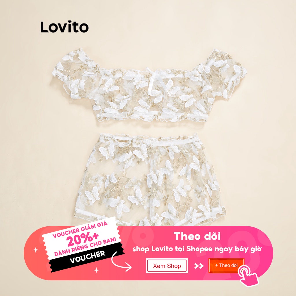 Đồ lót Lovito vải xuyên thấu nhún thun xếp nếp phối miếng đính họa tiết bướm sexy L17X450 (màu trắng) | BigBuy360 - bigbuy360.vn