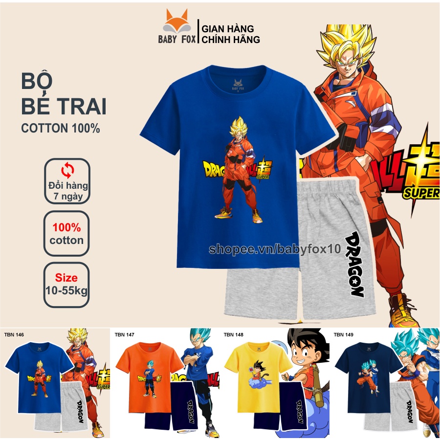 Bộ thun bé trai size nhí, trung, đại 100% cotton loại tốt, thương hiệu BABY FOX, hình Dragon Ball, Songoku j