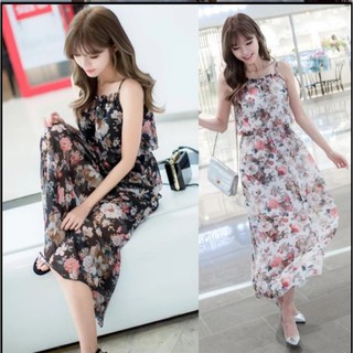 Đầm Maxi 2 Dây Họa Tiết Hoa (Đen)