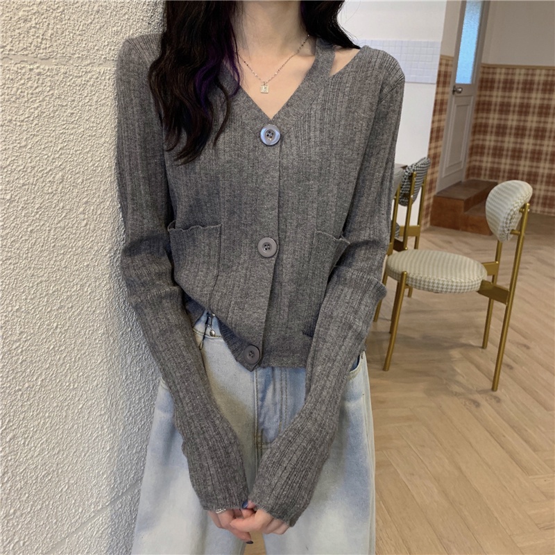 Áo cardigan ZHELIHANGFEI dệt kim tay dài cổ chữ V lưng cao phong cách phương Tây