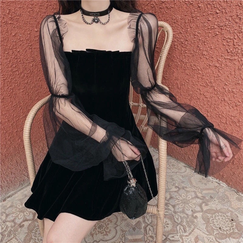 Đầm hở vai sexy phối lưới màu đen eo cao phong cách hàn quốc váy nữ