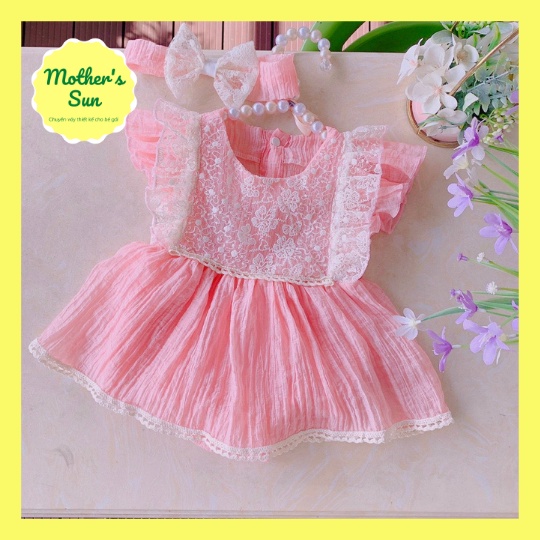 Váy Bé Gái 4 - 12kg💕𝑭𝑹𝑬𝑬𝑺𝑯𝑰𝑷 💕 Váy body tơ hồng phối ren tặng kèm TURBAN┃MOTHER'S SUN