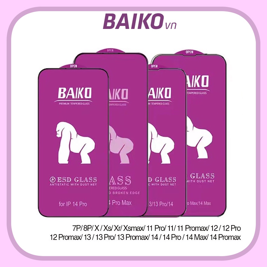 Kính Cường Lực Iphone Baiko Tím ESD Full Màn Chống Bụi Chống Nước Siêu Bền 7/8/7plus/8plus/x/xs/11/11/12/13/pro/promax