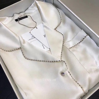 Bộ pyjama lụa satin đính đá dài tay p1045