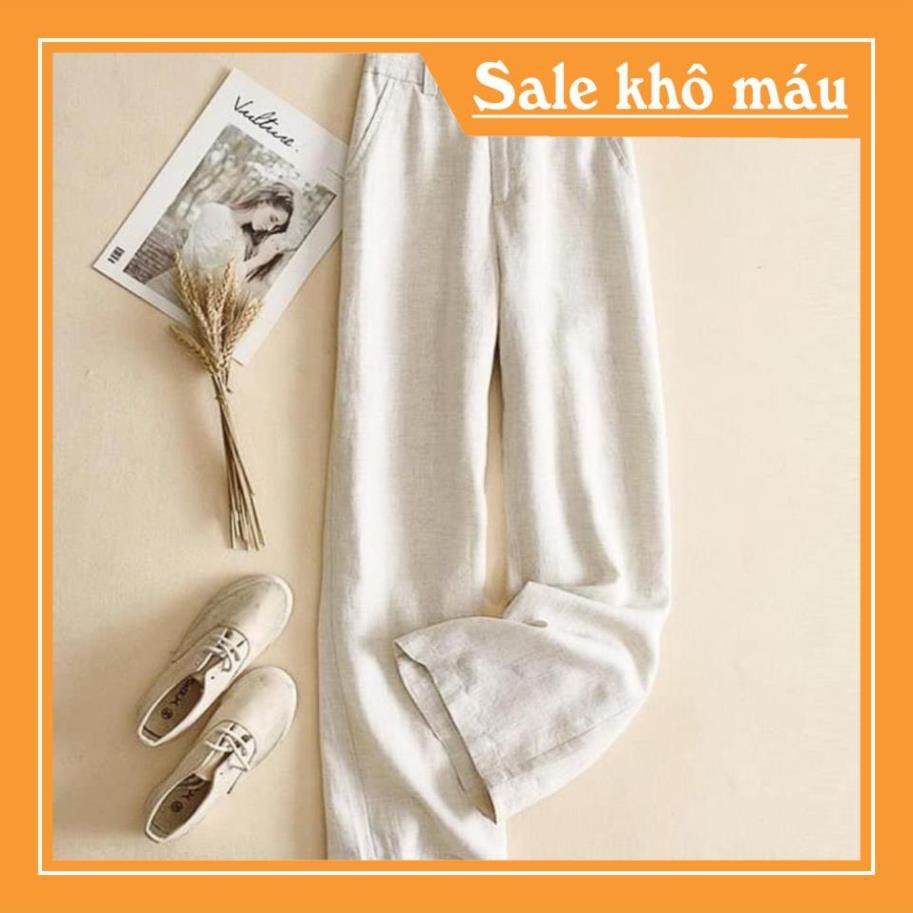 Quần ống rộng nữ vải đũi cạp cao 2 cúc suông dài tôn dán chun sau co dãn thoải mái