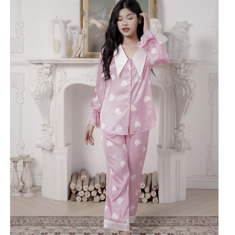 Bộ Ngủ Nữ Venus Secret Pijama Dài Tay Hồng Chấm Tim Trắng