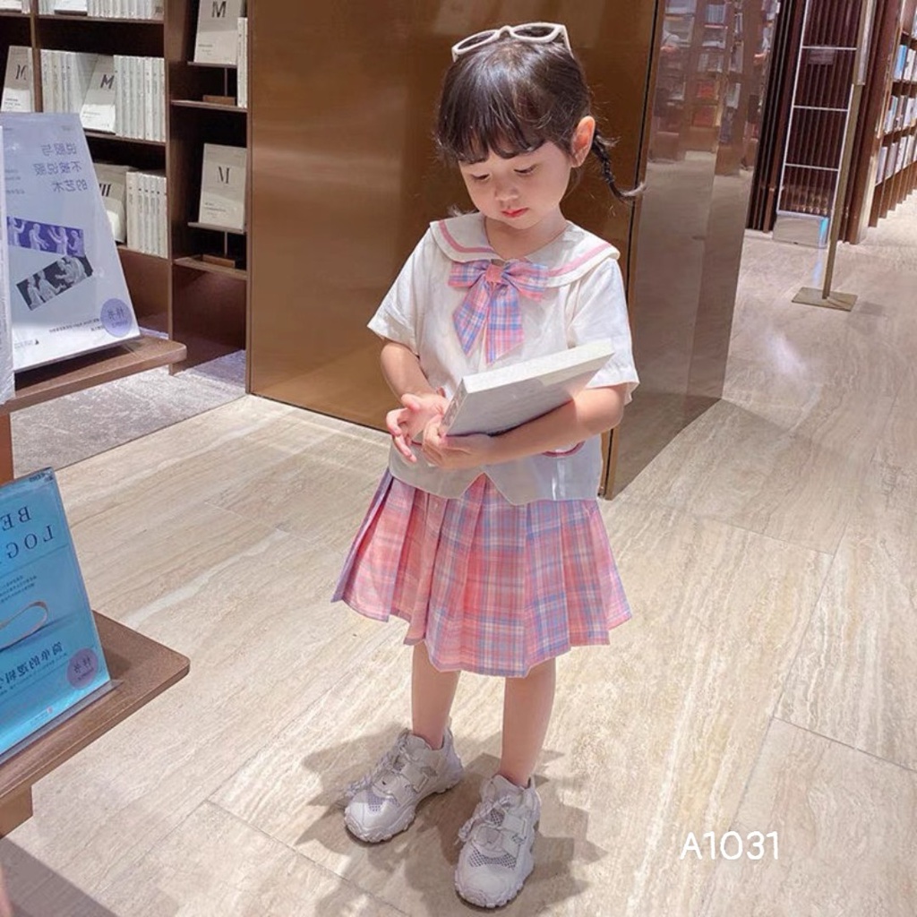 Sét váy xếp ly màu hồng và áo đũi trắng đi học đi chơi đều đẹp nha các mẹ cho bé từ 18-35kg