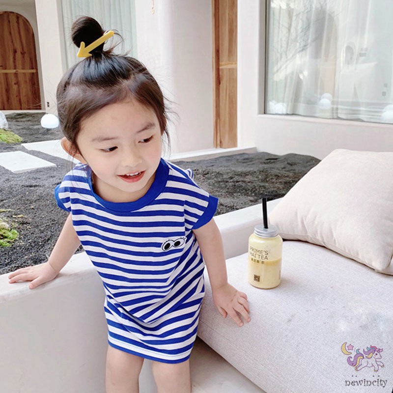 Đầm Ngắn Tay Kẻ Sọc Phong Cách Hàn Quốc Thời Trang Mùa Hè Cho Bé Gái