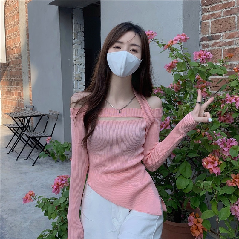 Áo dệt kim trễ vai dáng ôm phong cách Hàn Quốc thời trang cho nữ