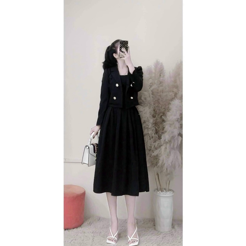 set áo vest + chân váy dài xếp li + áo lót 2 dây cotton DX4 thời trang haty shop
