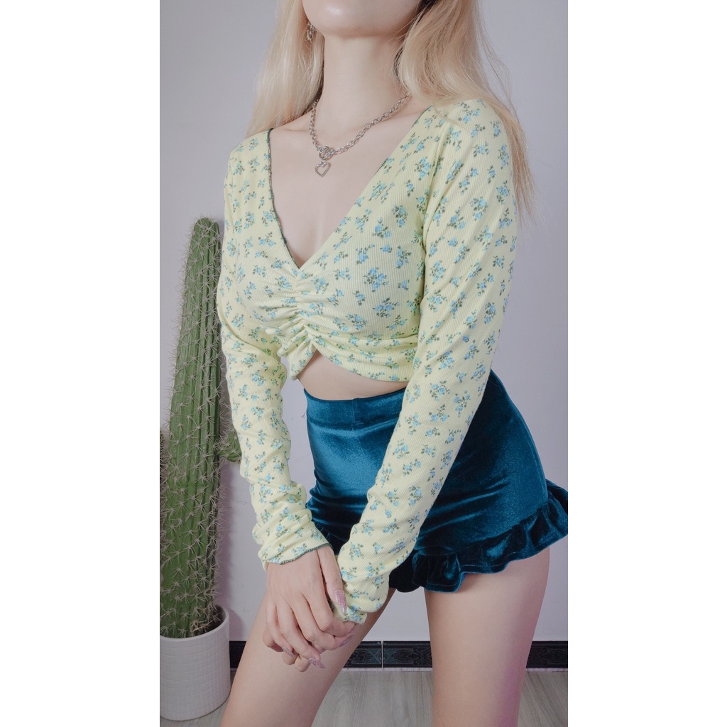Áo croptop tay dài nhún ngực ( Ảnh Thật ) DollaHouse