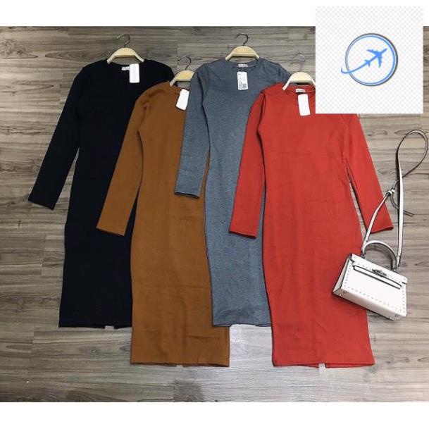 Đầm body nữ Bingshop - váy body len tăm dài tay cổ tròn xẻ tà form ôm vải giãn freeship 🐨🐖