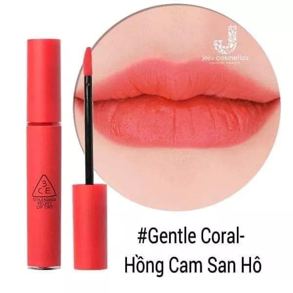 Son 3CE New Velvet Lip Tint màu Gentle Coral: hồng san hô pha chút cam