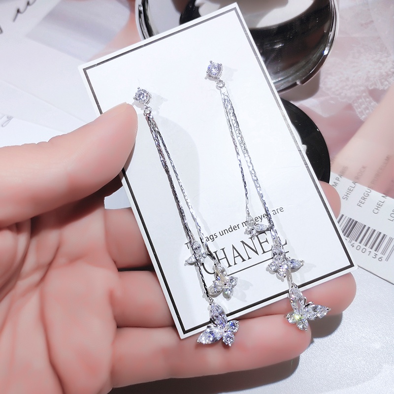 [Jiudolan] Bông Tai Dài Tua Rua Hình Bướm Đính Đá Zircon Sang Trọng Thời Trang Hàn Quốc Dành Cho Bạn Nữ