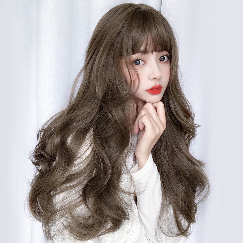 Tóc giả nữ mặt tròn mái bằng không khí sóng lớn chất sống động như thật lông bông đầy đủ đội đầu
