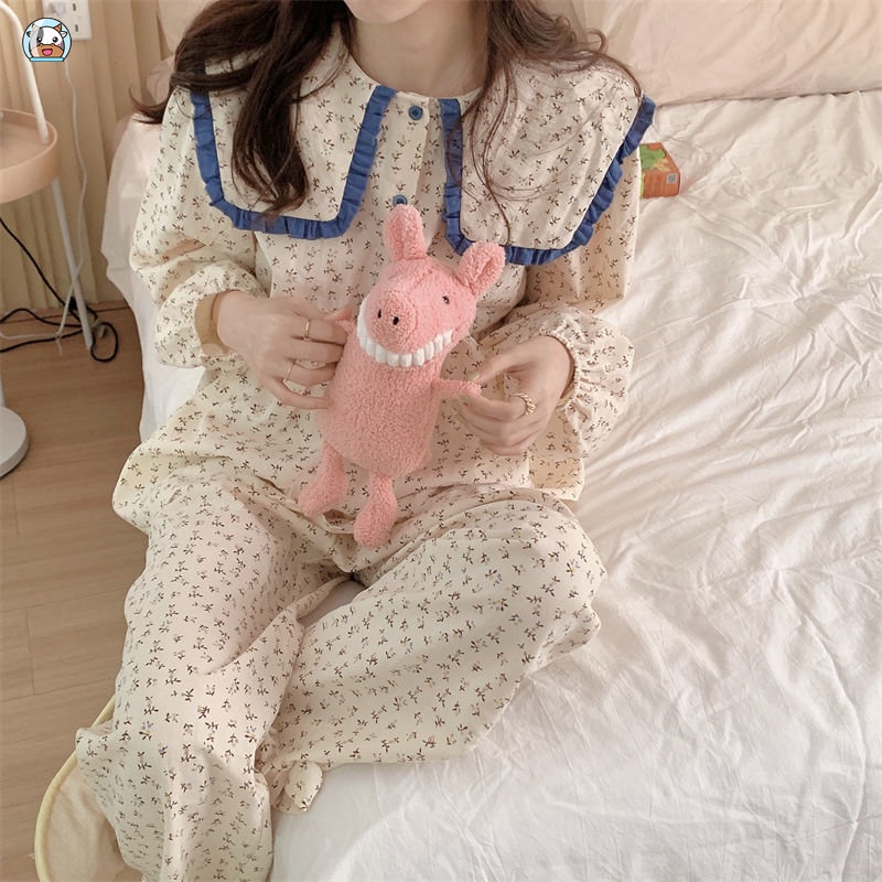 Bộ Đồ Ngủ Tay Dài Cổ Thủy Thủ Bằng Vải cotton In Hoa Thời Trang Mùa Thu Hàng Mới Dành Cho Bạn Nữ
