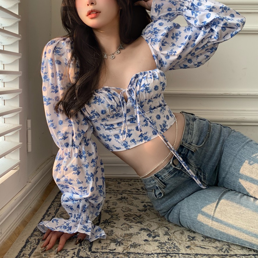 ÁO CROP-TOP HOA CỔ VUÔNG NỮ TAY PHỒNG ULZZANG SIÊU HOT