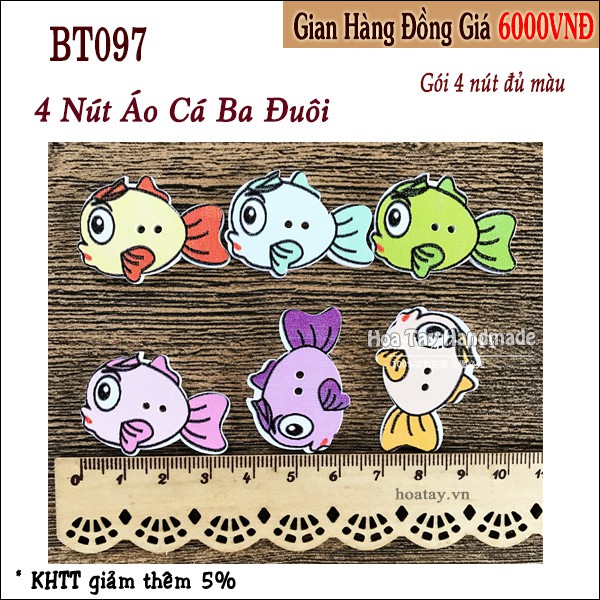 4 Nút Áo Gỗ Hình Cá Ba Đuôi BT097