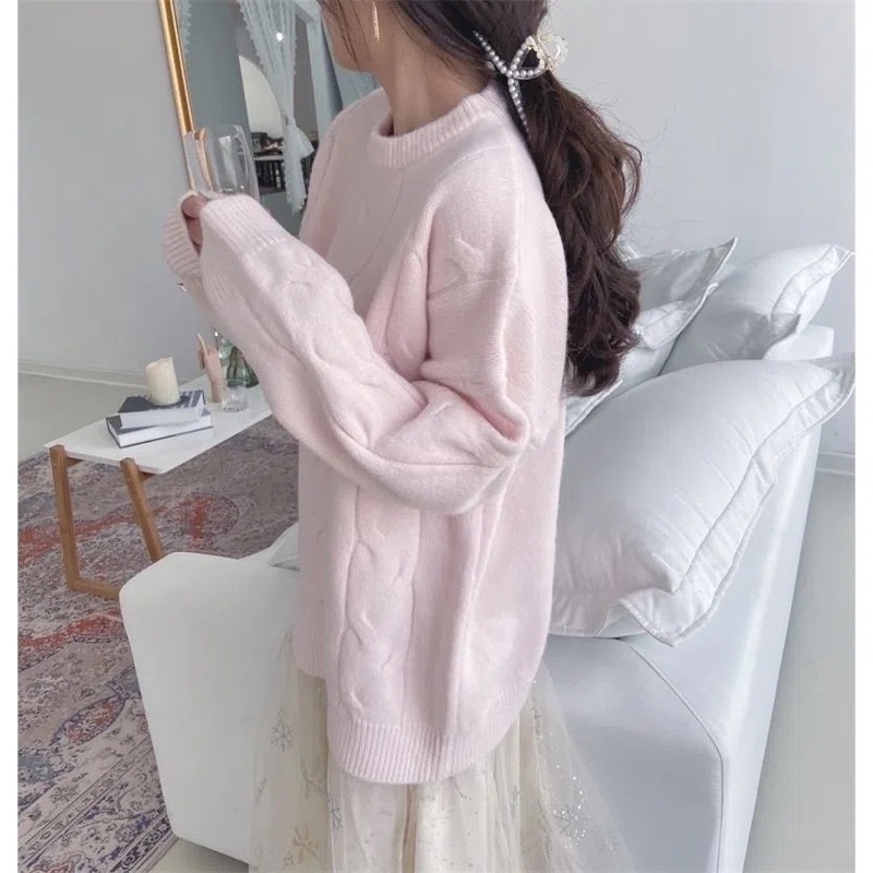 Áo len nữ trắng xanh hồng form rộng dài tay kiểu họa tiết vặn thừng chất dày dặn, ấm, phong cách Hàn Quốc