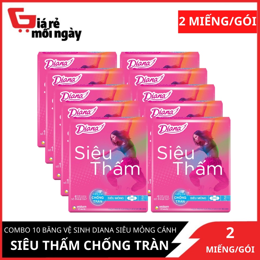 Combo 10 Gói Băng Vệ Sinh Diana Siêu Thấm Siêu Mỏng Cánh Chống Tràn 23cm 2 miếng/gói