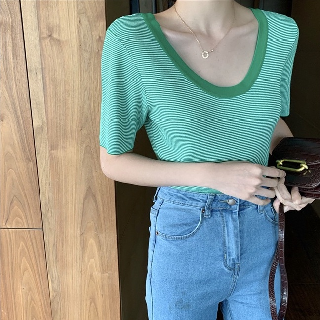 Áo ZHELIHANGFEI dệt kim tay ngắn cổ chữ U họa tiết sọc thời trang mùa hè quyến rũ dành cho nữ