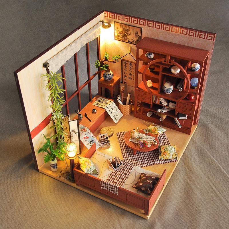 Mô hình nhà DIY Doll House Calligraphy Thư phòng cổ Kèm Mica Chống bụi, Bộ dụng cụ và Keo dán